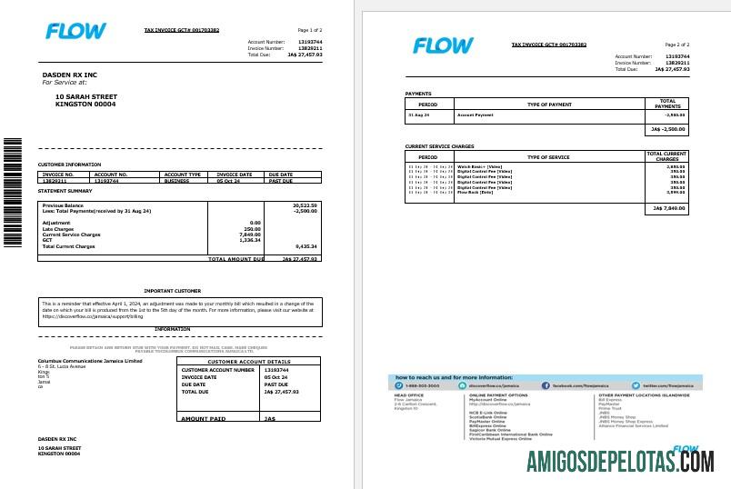 em branco Cabo de fatura fiscal de fluxo da Jamaica e modelo de projeto de lei de serviços públicos de Internet e modelo em PDF, 2 páginas